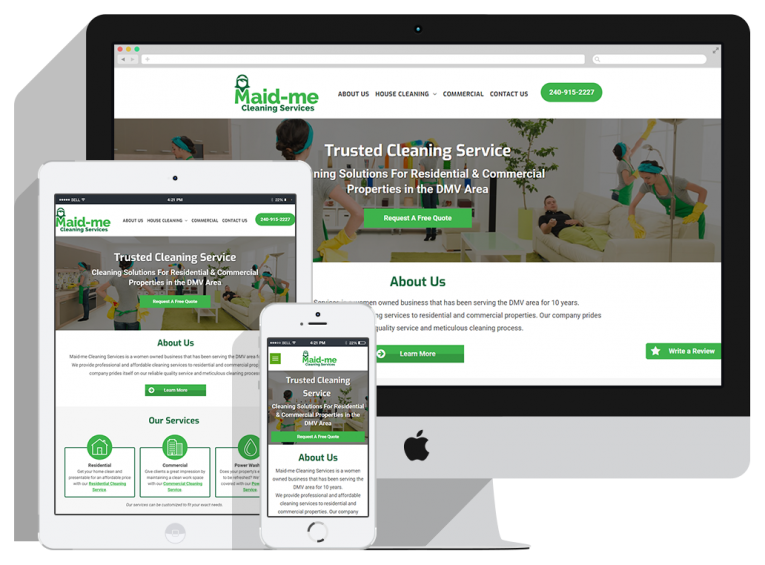 Maid-me-Slider A desktop, tablet, and smartphone display the Maid-me Cleaning Services website homepage, showing a green and white theme with service info, navigation menu, and cleaning staff photos.