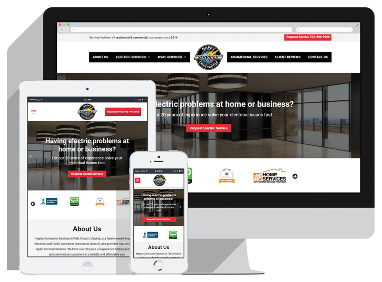 Napky Contractor Services Slider A desktop monitor, tablet, and smartphone display the responsive website of an electrical service company, featuring a modern design, booking buttons, and contact information.