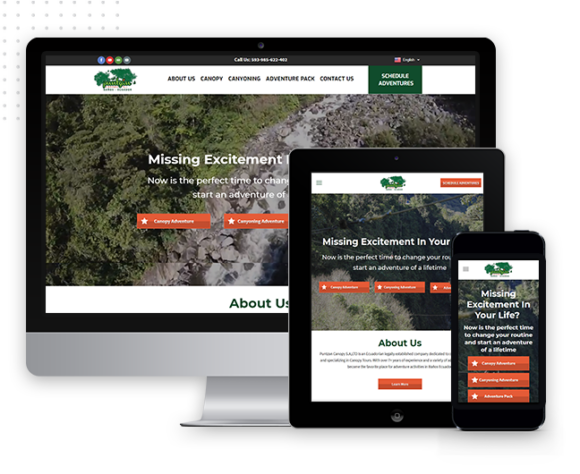 Responsive Web Design IMG A website for an adventure park is displayed on a desktop, tablet, and smartphone, highlighting a custom website by expert web designers with a responsive design, including a header, navigation menu, and nature-themed background image.
