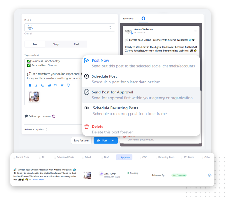 Social Post Approval A social media management dashboard designed for agencies, showing options to post, schedule, approve, or delete content, with a preview window on the right and a dropdown menu of posting options in the center—your ultimate social media booster.