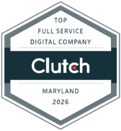 Top Clutch Full Service Digital Company Maryland 2026 A hexagonal badge displaying Top Full Service Digital Company, Clutch, Maryland, 2026 in bold text, with a dark center stripe featuring the Clutch logo—highlighting this prestigious recognition and awards achievement.