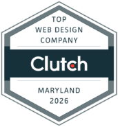 Top Clutch Web Design Company Maryland 2026 A hexagonal badge reading Top Web Design Company, Clutch, Maryland 2026, features a dark blue center stripe and white background—an emblem of awards and recognition.