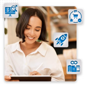 Turnkey-Websites–Custom-Web-Design-feat-img A smiling woman uses a digital tablet with a stylus, surrounded by icons representing ecommerce, financial growth, automation, web page design, and business development.