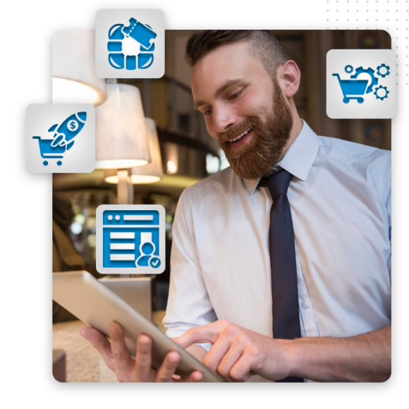 Turnkey-eCommerce–eCommerce-Web-Design-feature-img A bearded man in a dress shirt and tie uses a tablet. Around him are digital icons for online shopping, payment, and settings, suggesting e-commerce or website services like web page design and account management.