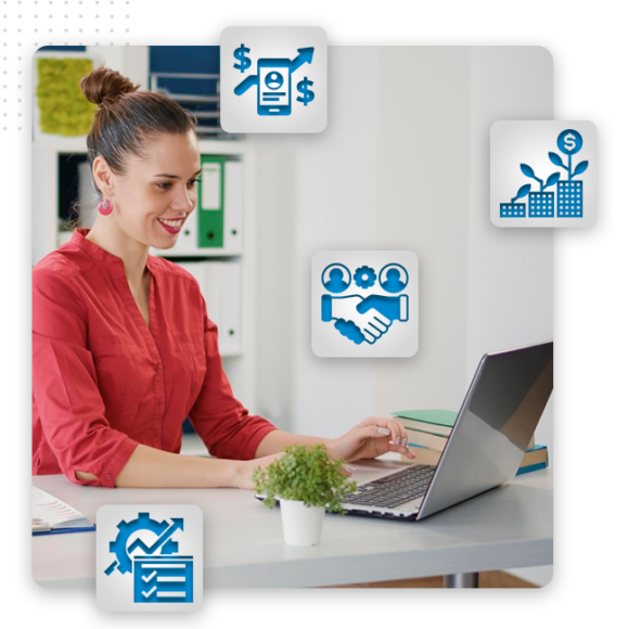 Xtreme-Platforms– Custom-Web-Development-feature-img A woman in a red shirt works on a laptop at a desk, surrounded by illustrated icons representing finance, business growth, partnership, project management, and web design services.
