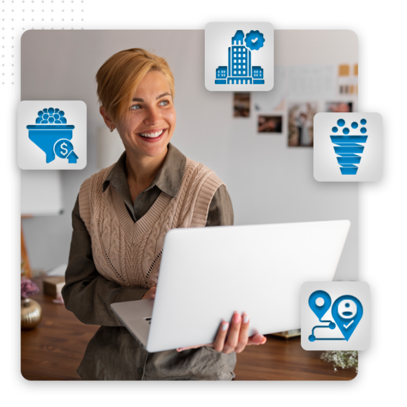 Xtreme-Sales-Funnels–Sales-Marketing-Funnelst-feat-img A woman smiling and holding a laptop, surrounded by icons representing business, finance, sales funnel, location, and website solutions.
