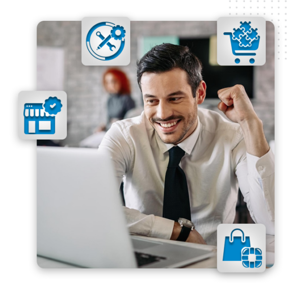 Xtreme-eCommerce-Business-eCommerce--feature-img A smiling man in a white shirt and tie looks at a laptop, with blue shopping and settings icons overlaid around him, symbolizing e-commerce, web design services, and business tools.