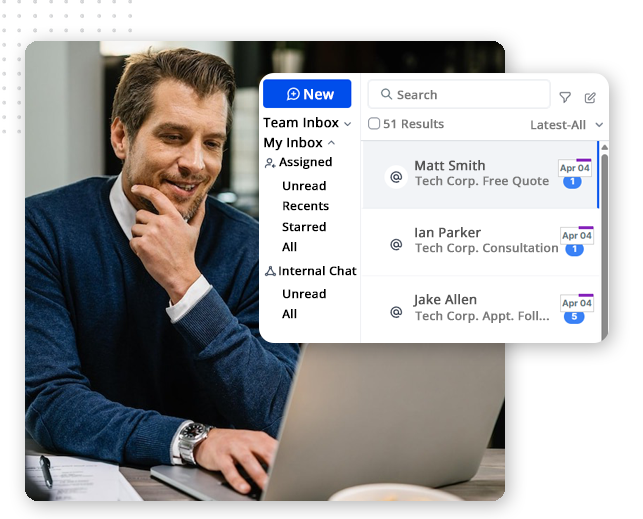 automator-communication-hub-image A man in a blue suit sits at a desk, smiling at a laptop. Overlaid is a screenshot of an email inbox, hinting at CRM software efficiency, with messages from Matt Smith, Ian Parker, and Jake Allen, and categories on the left.