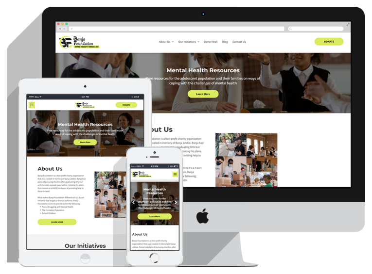banja-foundation-Slider A mental health foundation website displayed on desktop, tablet, and smartphone screens, showing the homepage with a banner, navigation menu, images of people in various activities—crafted by a leading web design company with flexible website design packages.