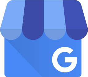 Blue storefront icon with a striped awning and a large white letter G in the corner, symbolizing Google My Business—a powerful tool for any social media agency to enhance local presence and boost your social media strategy.