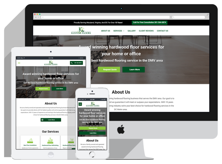 kustom-floors-Slider A website for Kustom Floors is shown on a desktop, tablet, and smartphone, displaying a responsive design with a green and white color scheme and headings about hardwood floor services in the DMV area by a top Web Design Company.