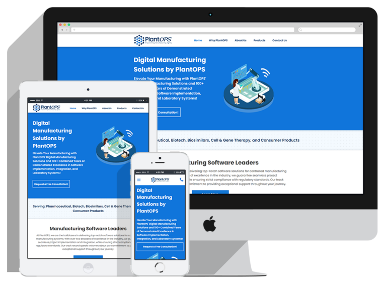 plantops-Slider A computer monitor, tablet, and smartphone display the same PlantOPS website, featuring digital manufacturing solutions in a blue and white palette with an illustrated header—highlighting their Website Design Packages for seamless cross-device consistency.