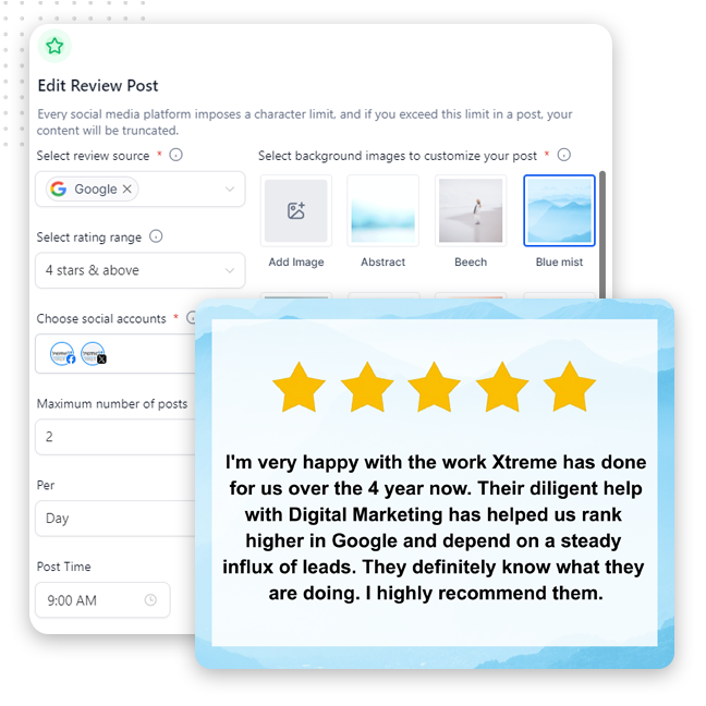 review-post-scheduler A review post editing interface displays options for Google reviews, rating, and scheduling posts. An example review with five gold stars praises Xtreme's reputation management tool for excellent digital marketing and lead generation over four years.