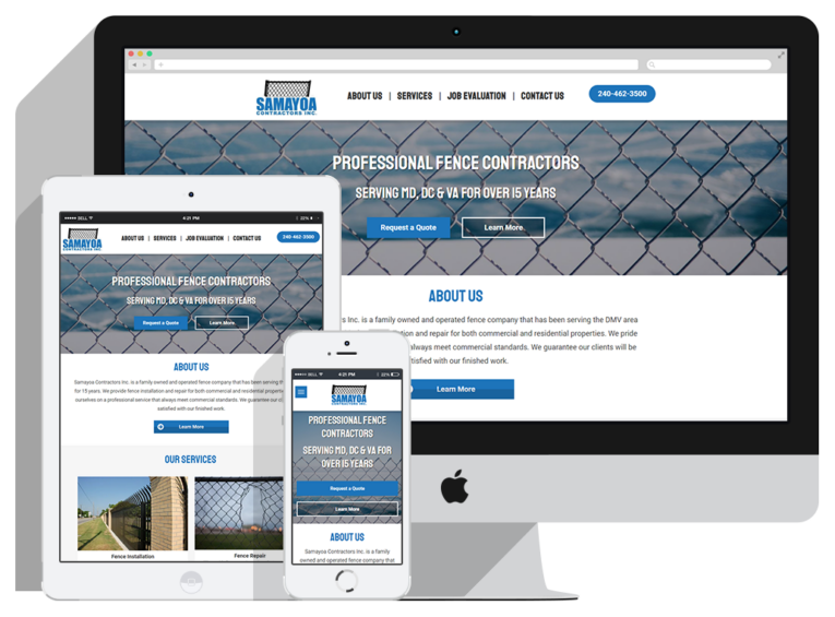 samayoa-contractors-Slider A desktop, tablet, and smartphone display a fencing contractor website with a chain-link fence background, blue accents, navigation bar, and buttons for requesting a quote and learning more—perfect for showcasing Web Design Company offerings.