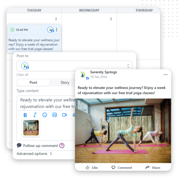 schedule-post-calendar A social media scheduling interface displays a post preview for Serenity Springs, crafted by a social media agency, featuring a yoga class with several women and promoting free trial yoga classes for wellness and rejuvenation.