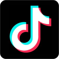 TikTok logo: a stylized white musical note with blue and red outlines on a black square background, representing the creative spirit of social media boosters and innovative social media strategy.