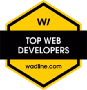 top_web_developers_web_badge Yellow hexagonal badge with a black band across the center, perfect for an Award Slider. Text on the band reads “TOP WEB DEVELOPERS.” The top features a stylized “W/,” while the bottom displays the website “wadline.com.”.