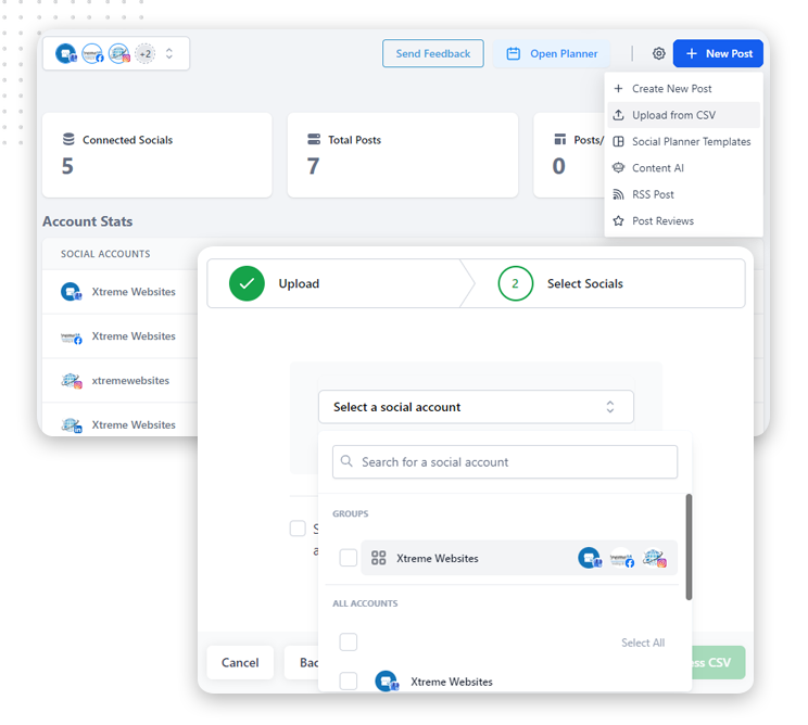 upload-posts-csv A social media management dashboard shows connected social accounts and post stats. A pop-up window displays options for uploading, selecting social accounts, and importing posts from a CSV file—ideal for any social media agency’s workflow.