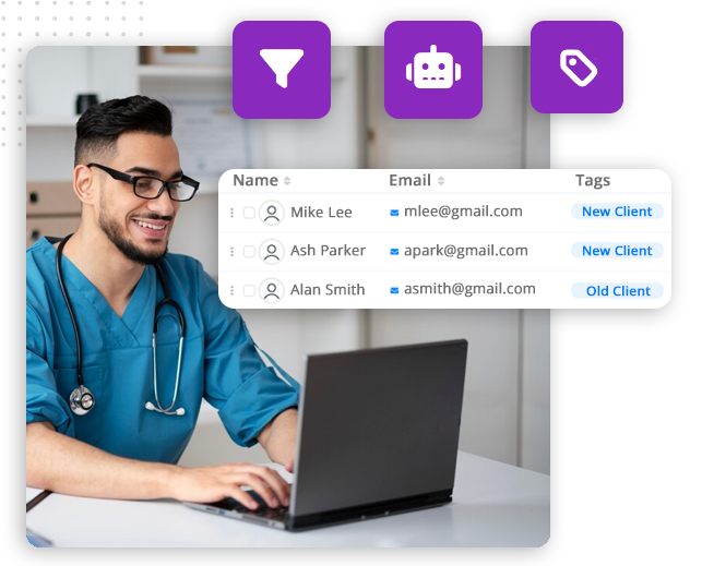 xtreme-automator-CRM-img-crisp A smiling man in blue scrubs types on a laptop. Overlaid icons represent filters, automation, and tags, highlighting how crm software helps manage a contact list with names, emails, and client tags like New Client and Old Client.