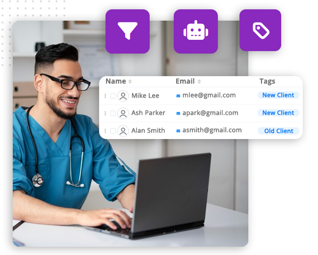 xtreme-automator-CRM-img A smiling healthcare professional in blue scrubs types on a laptop using the best CRM software. Overlaid are icons and a table showing client names, emails, and tags labeling them as New Client or Old Client.