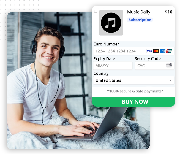xtreme-automator-Payment-Collection-img-crisp A smiling person wearing headphones uses a laptop while sitting on a bed. An online payment form for a $10 music subscription appears, alongside an ad for the best CRM software, showing card details fields, country selection, and a green BUY NOW button.