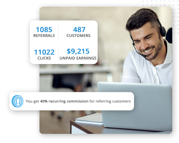 xtreme-automator-affiliate-img-small A smiling man wearing a headset works on a laptop. Overlay text shows referral stats: 1085 referrals, 487 customers, 11022 clicks, $9,215 unpaid earnings. Banner states 40% recurring commission for referring customers.