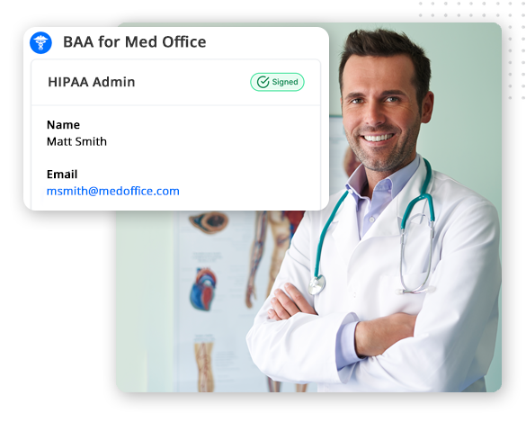 xtreme-automator-hipaa-img-small A male doctor with a stethoscope smiles in an exam room. An overlay displays HIPAA admin info using best CRM software: Name—Matt Smith; Email—msmith@medoffice.com, with a signed BAA status for Med Office.