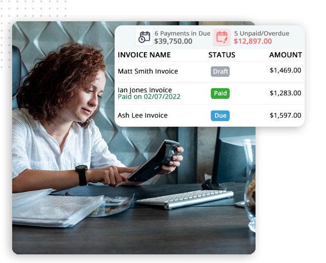 xtreme-automator-invoice-and- estimates-img-crisp A woman with curly hair sits at a desk using a calculator. An overlay shows invoice details with payment statuses—draft, paid, due, and total amounts—highlighting overdue payments in red from her CRM platform.