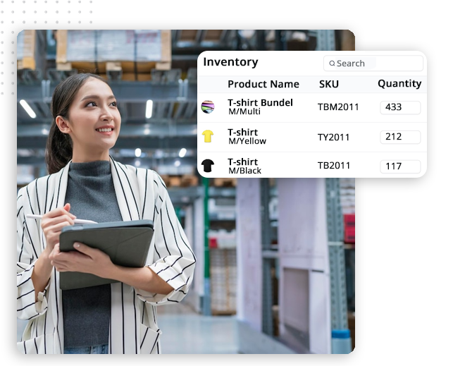 xtreme-automator-product-mgmt-img-crisp-resize A smiling woman holding a tablet and pen stands in a warehouse. An inventory list overlay shows T-shirt bundle (433), yellow T-shirt (212), and black T-shirt (117) with their SKUs, all efficiently managed using a CRM platform.