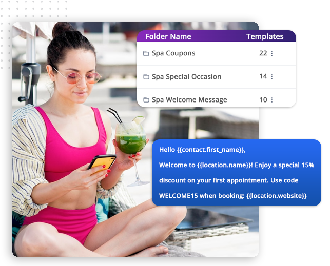 xtreme-automator-templates-img A woman in a pink swimsuit sits outdoors drinking a green beverage and using her phone. Overlaying text displays spa offer templates and a message for a 15% discount on first appointments—perfect for salons using CRM Software for Small Businesses.